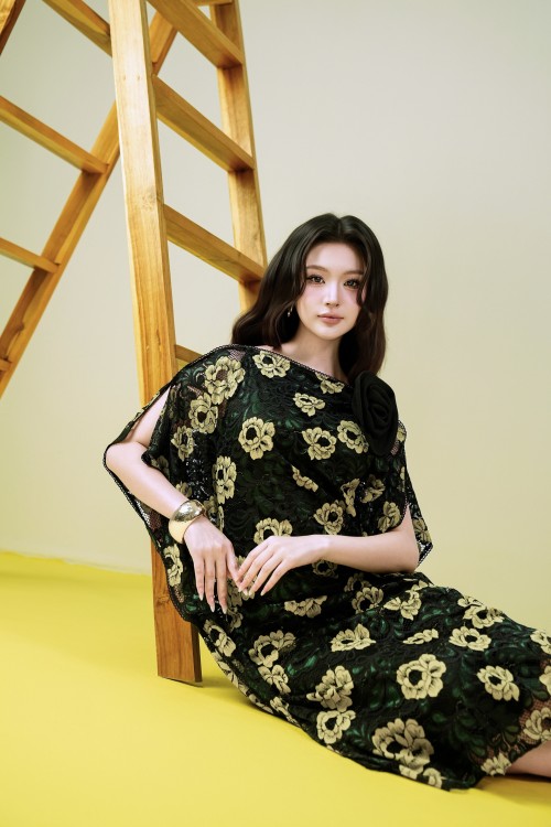 Sixdo Green & Yellow Lace Loose Dress With Flower